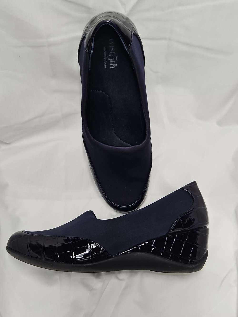 East 5th Navy Slip-On Loafers with Patent Trim